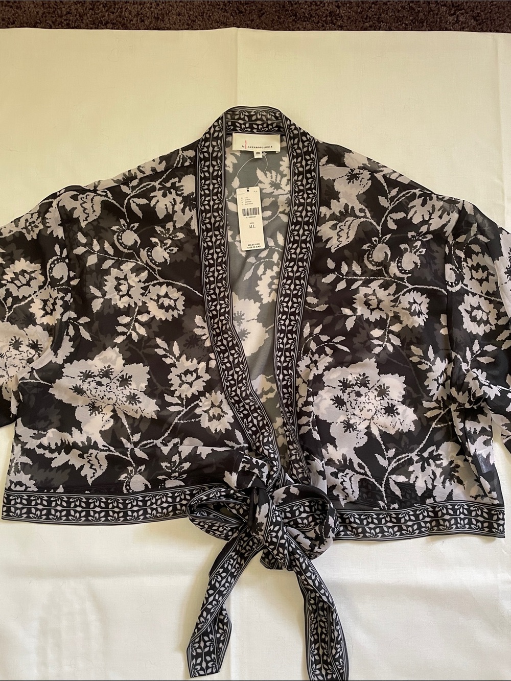 Anthropologie SheerScarf WrapWith Long Sleeves Black Grey Floal Design One Size